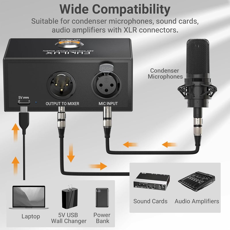 Cubilux MPX-1 USB C 48V Phantom Power Supply, Type C to XLR Portable Power Supply for Condenser Microphone, Full Aluminum Alloy Recording Equipment with 1/4" Arri Locating Mounting Hole - Image 3